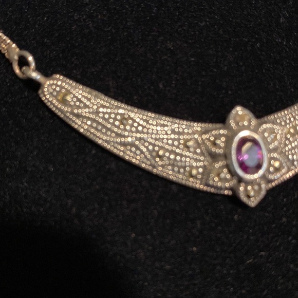 Antiqued Sterling Silver with Marcasite and Amethyst Necklace Earring Set - Picture 7 of 8